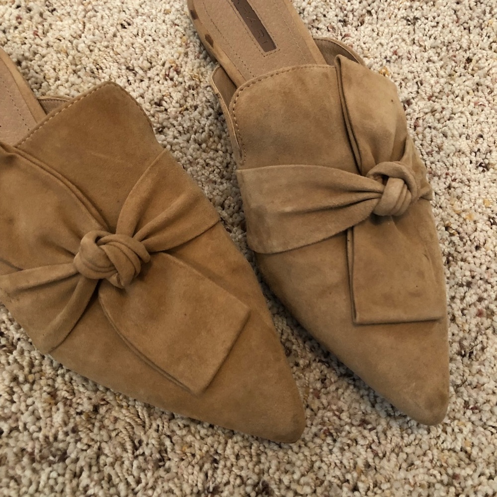 Suede camel bow tie flat